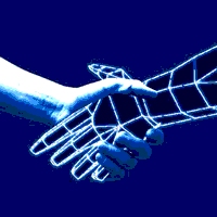 Symbol des Trust-Kolloquiums - künstliche, virtuelle Hand schüttelt echte
